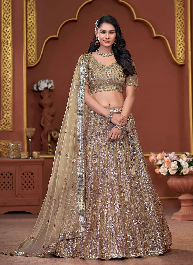 Golden Net Zari Embroidered Stone Sequins Royal Lehenga Wedding Wear