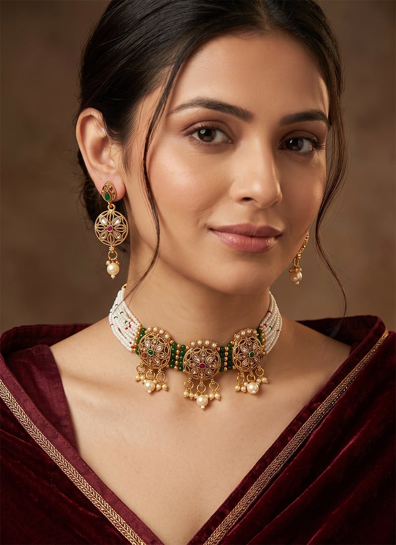 Golden Pearl Stone Choker Necklace Set After Six Wear