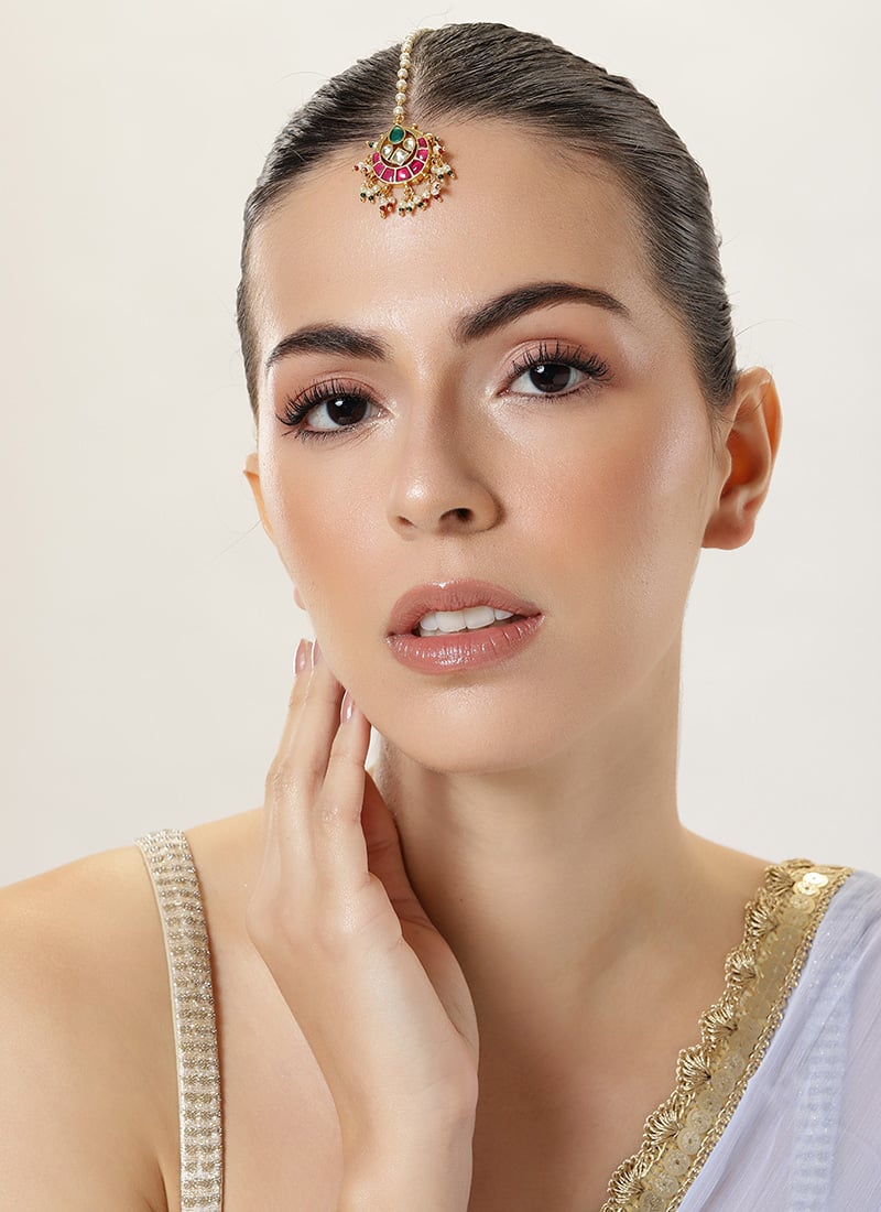 Golden Plated Kundan And Beads Work Mangtikka Festive Wear