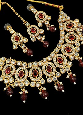 Golden Plated Kundan Necklace With Brown Stone