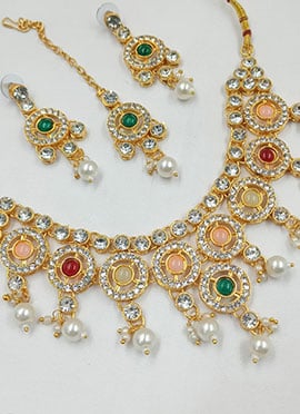 Golden Plated Kundan Necklace With Green Stone