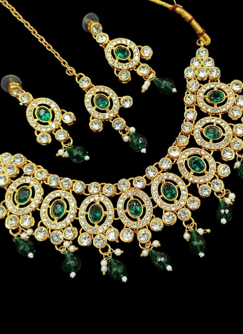 Golden Plated Kundan Necklace With Green Stone  Party Wear