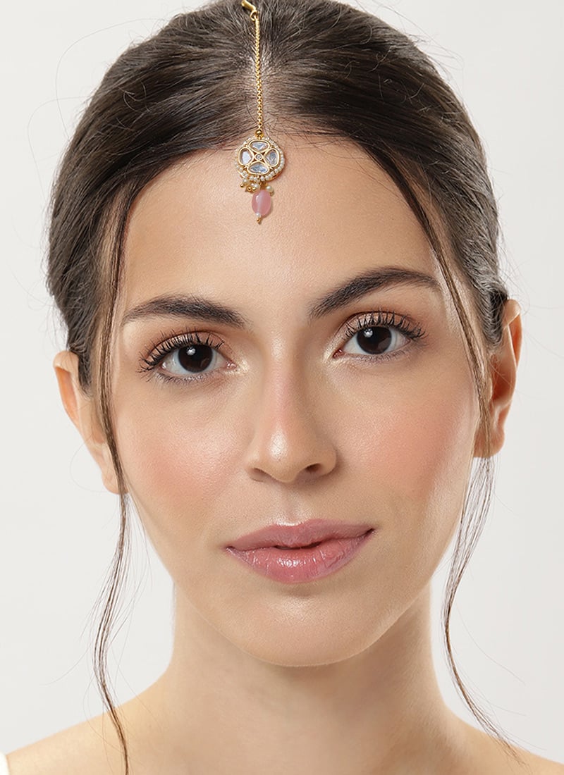 Golden Plated Kundan With Beads And Moti Mangtikka Festive Wear
