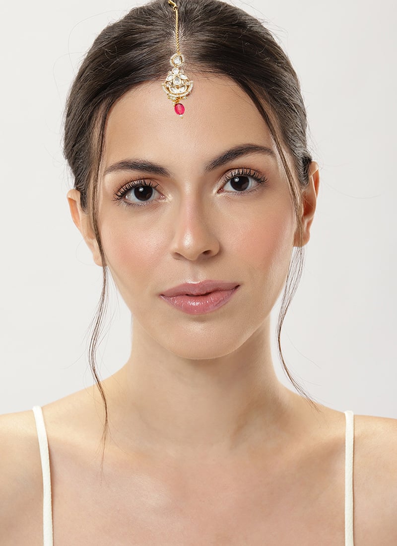 Golden Plated Kundan With Beads And Moti Mangtikka Festive Wear