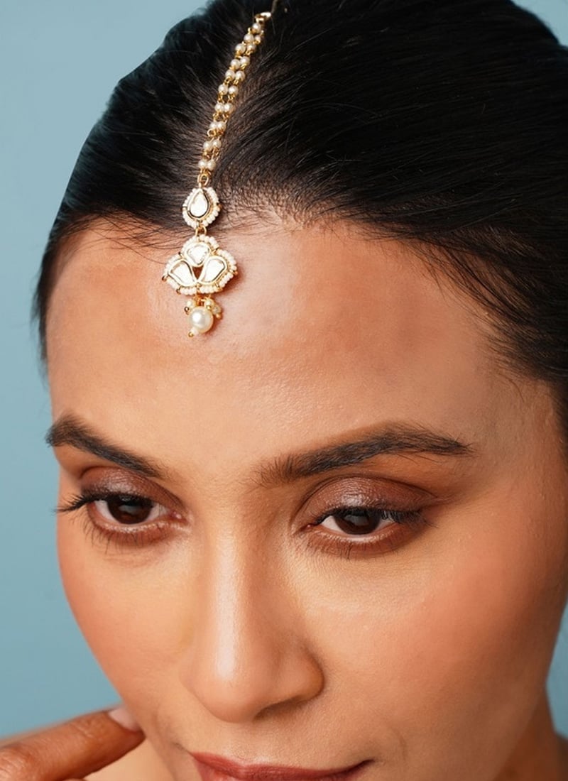 Golden Plated Kundan With Beads And Moti Mangtikka Festive Wear