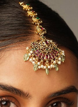 Golden Plated Kundan With Beads And Moti Mangtikka