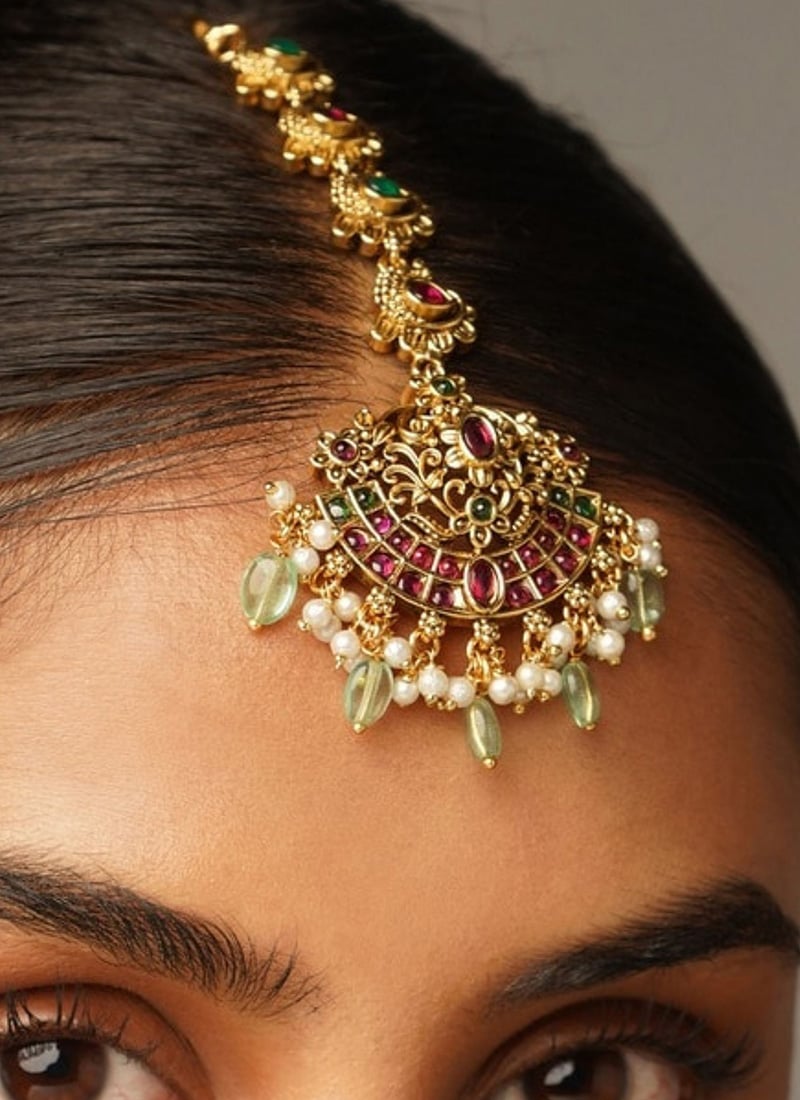 Golden Plated Kundan With Beads And Moti Mangtikka Festive Wear