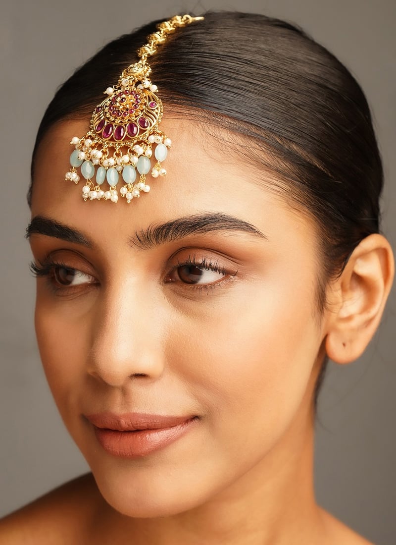 Golden Plated Kundan With Beads And Moti Mangtikka Festive Wear
