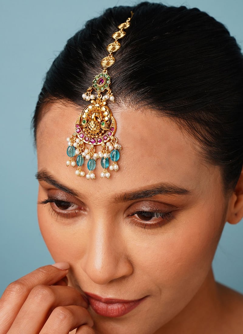 Golden Plated Kundan With Beads And Moti Peacock Mangtikka Festive Wear