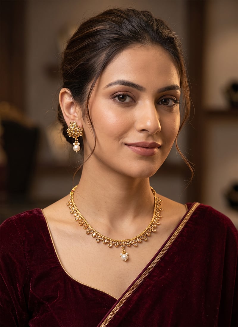 Golden Polki Traditional Necklace Set After Six Wear