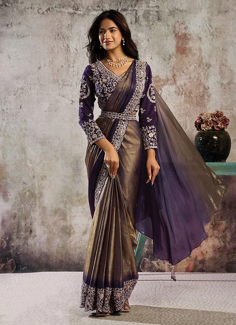 Golden Satin Hand Embroidered Sequins With Beads Work Pre Draped  Saree Wedding Wear