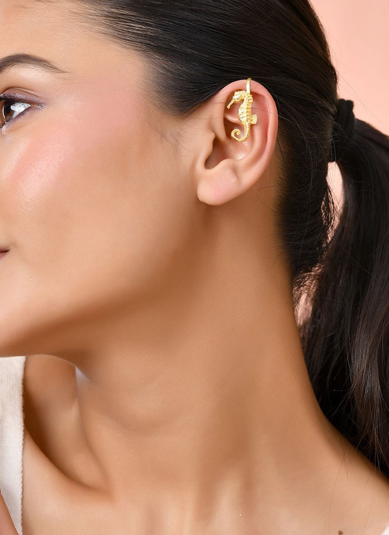 Golden Seahorse Ear Cuff After Six Wear