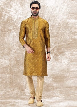 Golden Silk Jacquard N Brocade Work Kurta Pyjama