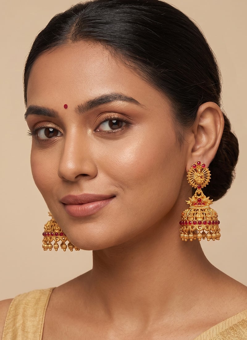 Golden South Style Temple Ghungaroo Jhumka Earrings After Six Wear