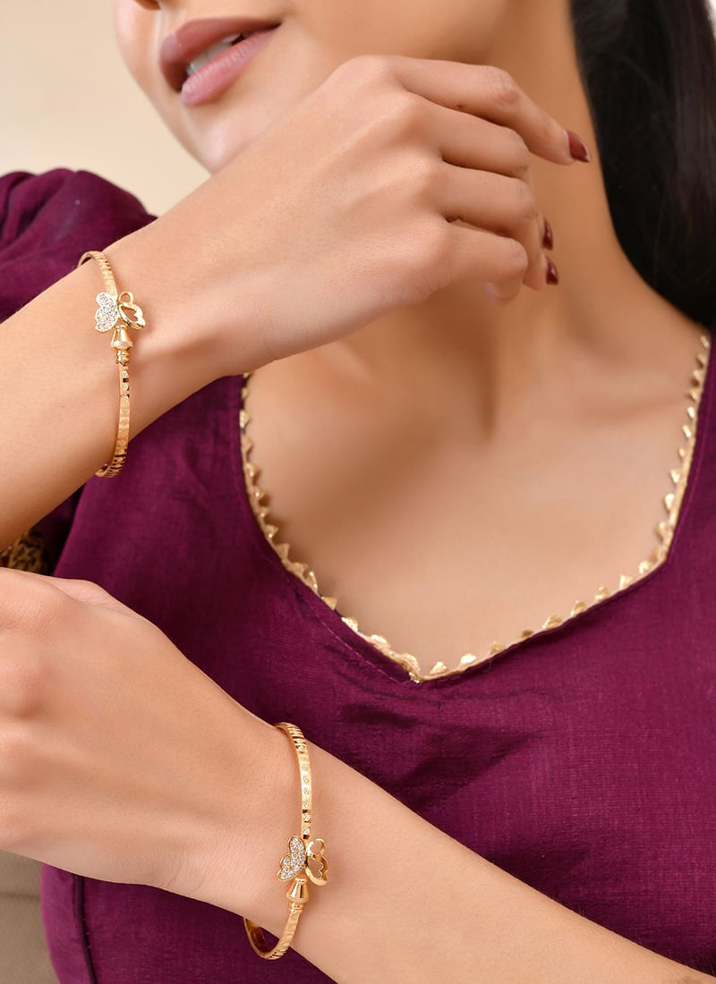 Golden Stone Heart Charm Bangle Set For Women Festive Wear