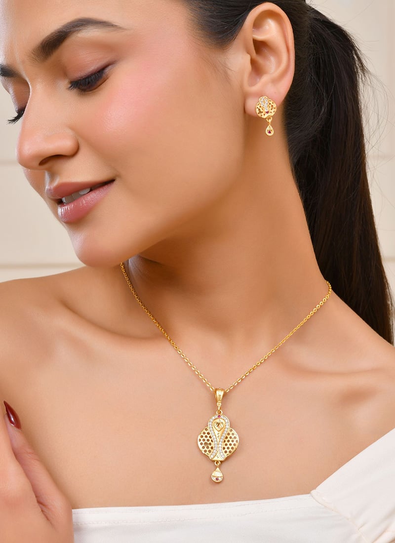 Golden Stone Work Lustrous Pendent Set For Women  After Six Wear