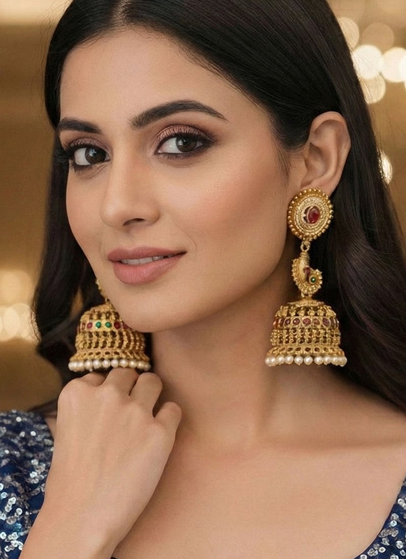 Golden Stones Beads Kundan Radiant Jhumka Festive Wear