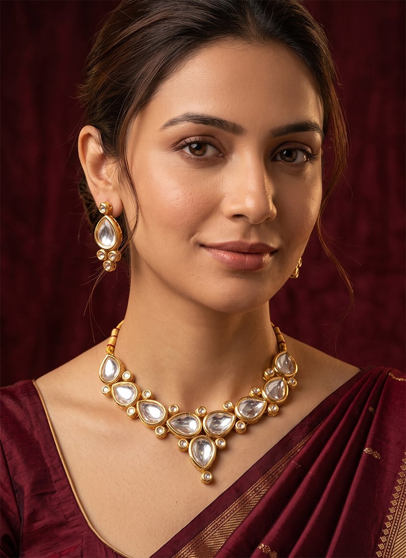 Golden Teardrop Kundan Necklace Set After Six Wear