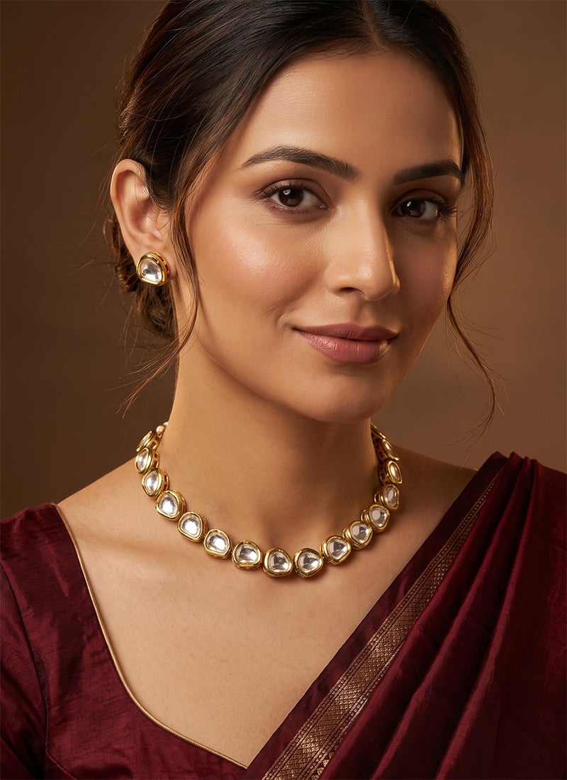 Golden Teardrop Kundan Necklace Set After Six Wear