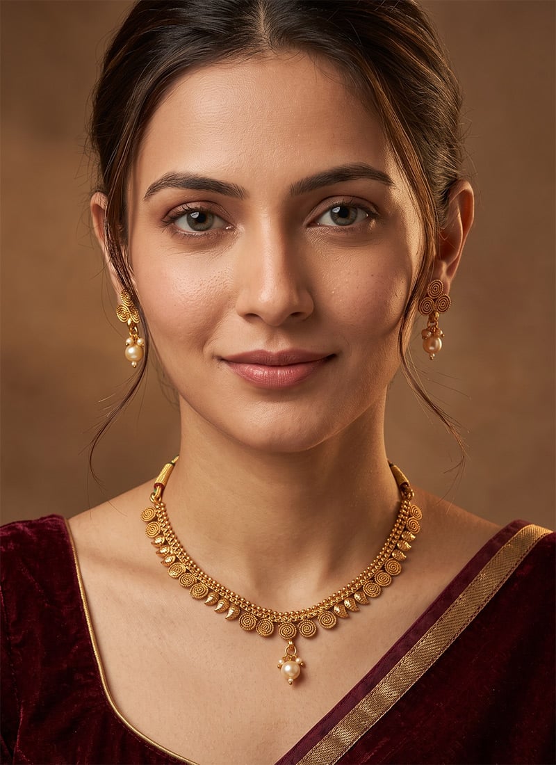 Golden Textured Coin Motif Necklace Set After Six Wear