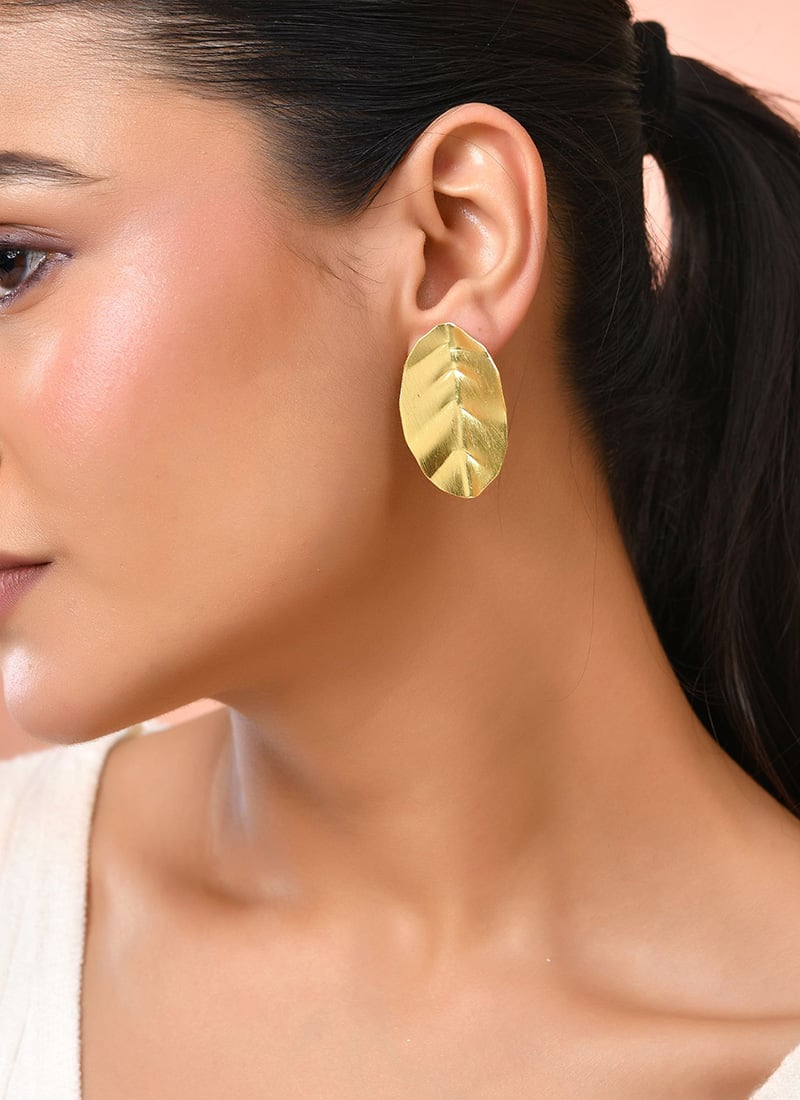 Golden Textured Leaf Studs After Six Wear