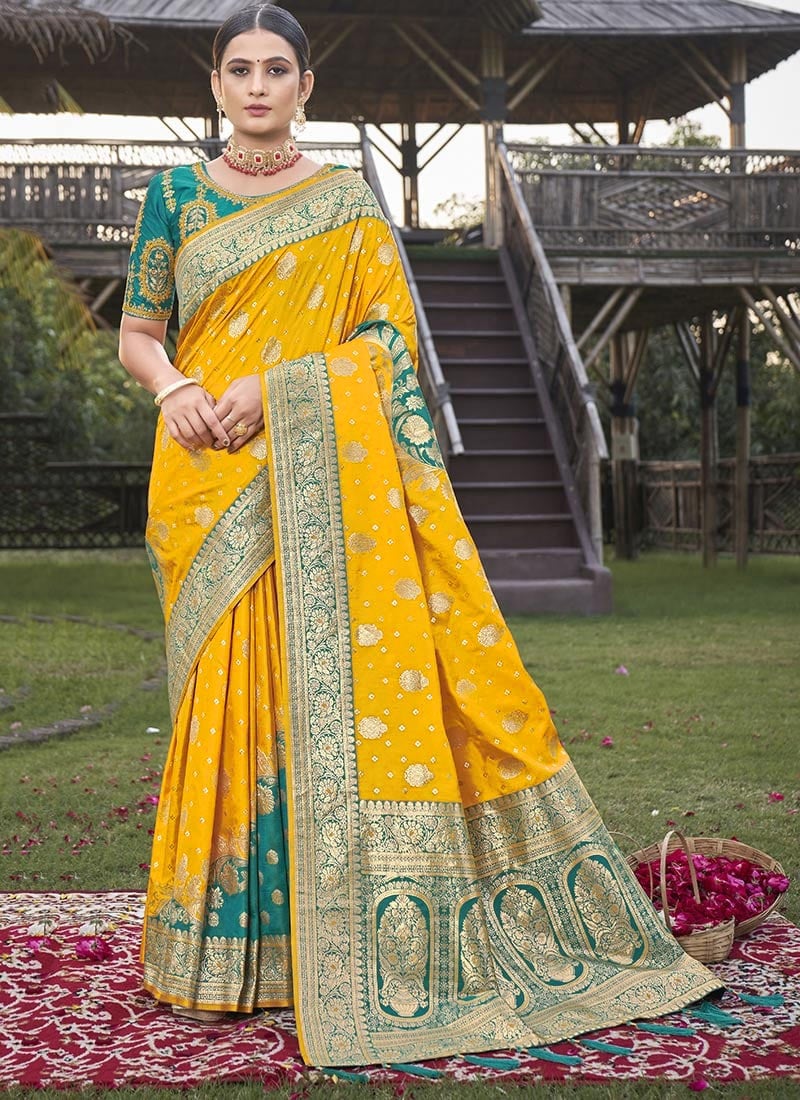 Golden Threads Yellow Benarasi Silk Jacquard Zari Saree Festive Wear