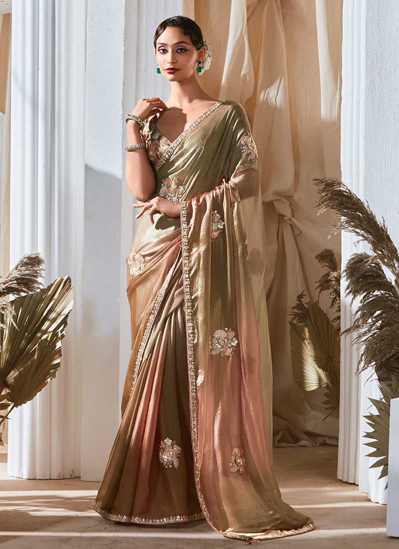 Golden Tissue Embroidered Sequins Saree With Digital Print Blouse Festive Wear