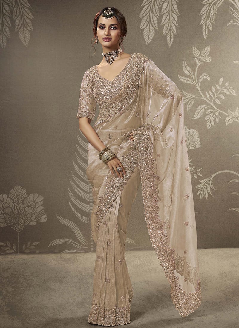 Golden Tissue Embroidered Sequins With Beads Work Saree Wedding Wear