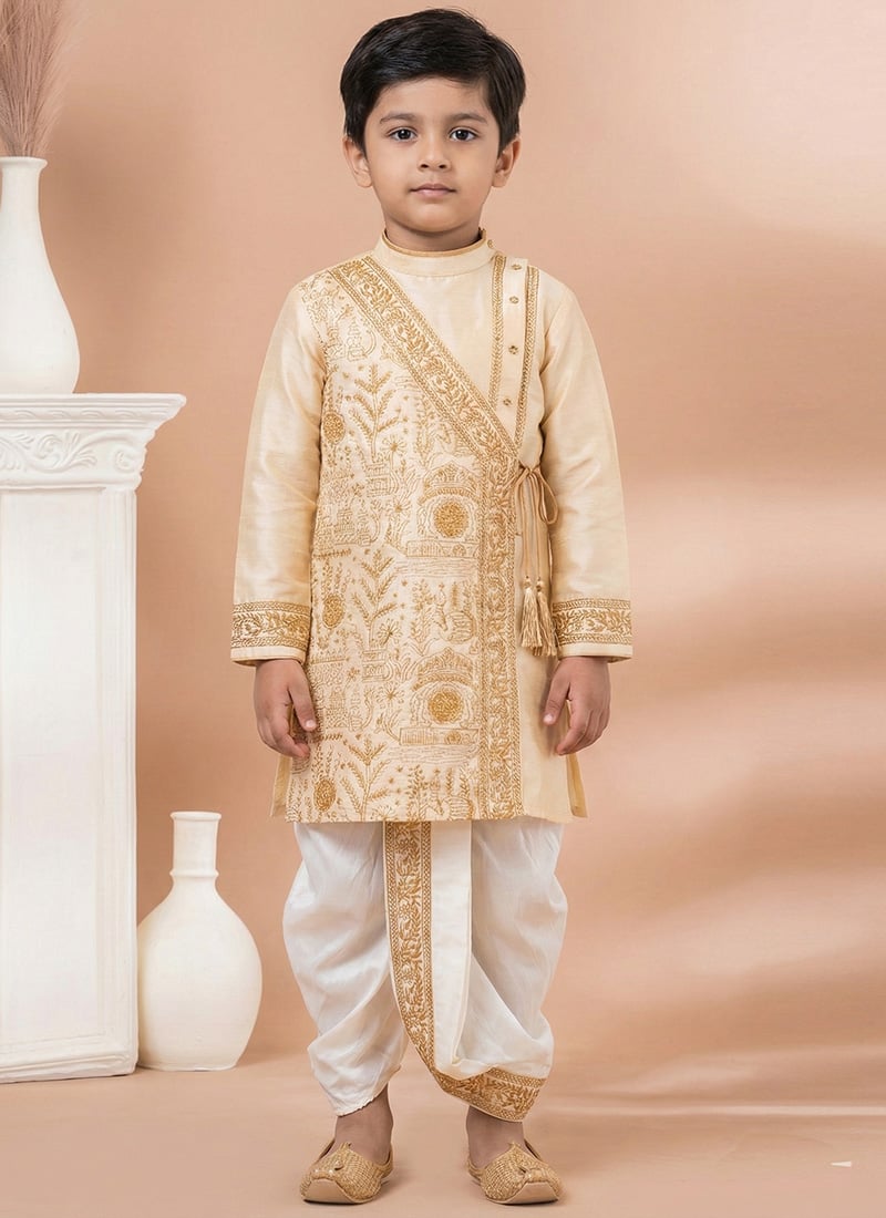 Golden Viscose Embroidered Kids Boys Kurta Pyjama Festive Wear