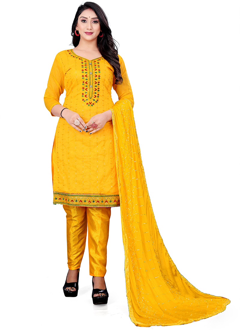 Yellow Art Silk Cotton Sequins Salwar Kameez SLSST7009Y