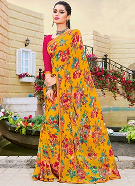 Floral Printed Saree - Golden Yellow
