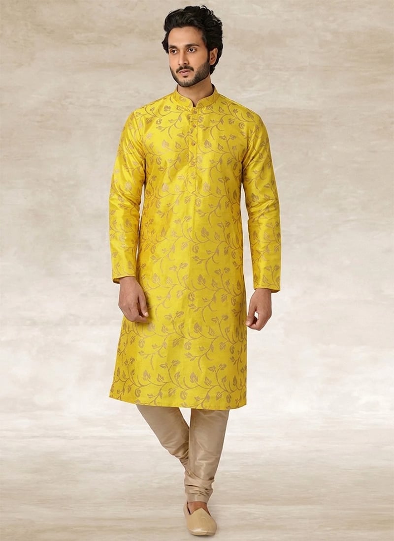 Golden Yellow Handloom Cotton Printed Kurta Pyjama