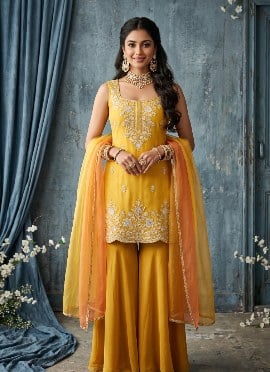Golden Yellow Silk Sequins Beads Embroidered Palazzo Suit