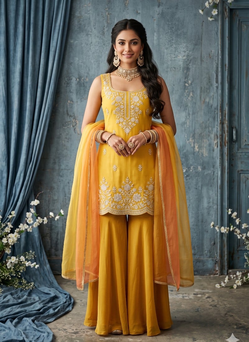 Golden Yellow Silk Sequins Beads Embroidered Palazzo Suit After Six Wear