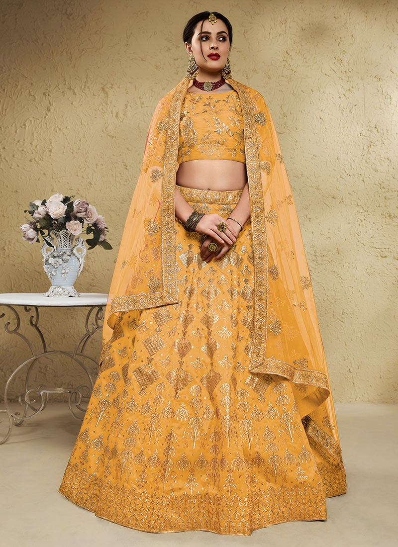 Golden Yellow Silk Zari Sequins Embroidered Lehenga Wedding Wear