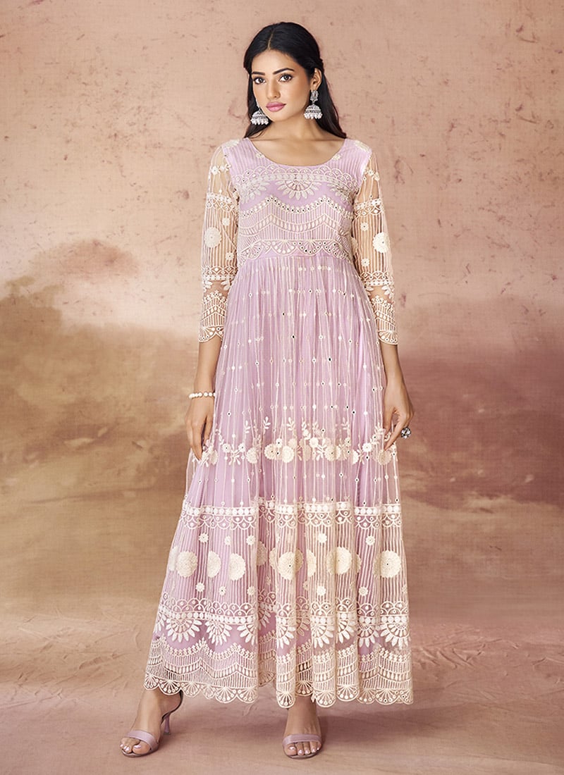 Gorgeous Anarkali Gown In Pink Net Embroidered Party Wear