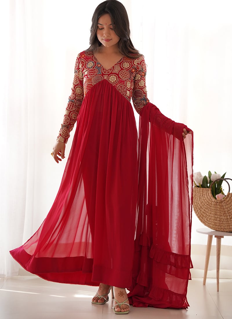 Gorgeous Anarkali In Red Georgette Embroidered Sequins After Six Wear