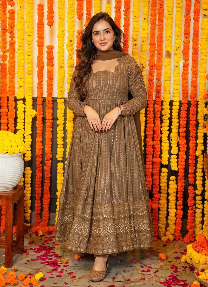 Gorgeous Anarkali Suit In Brown Georgette Embroidered Sequins And Dupatta