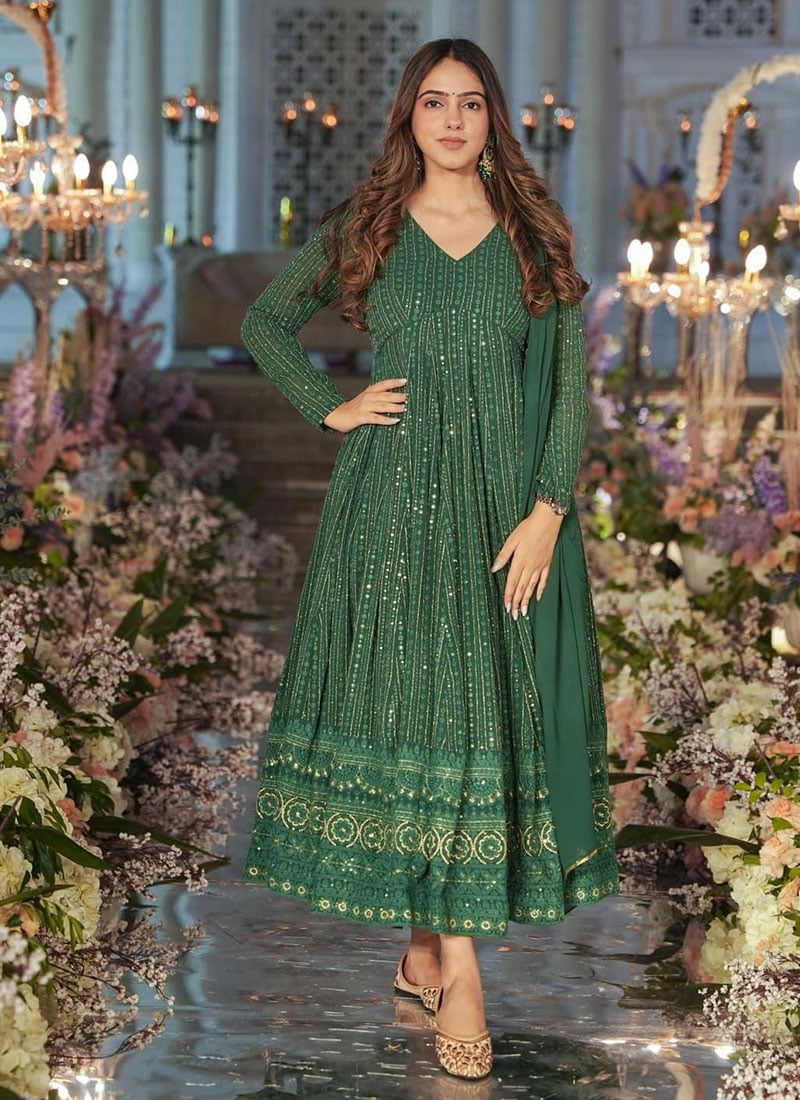 Gorgeous Anarkali Suit In Green Georgette Embroidered Sequins And Dupatta Party Wear
