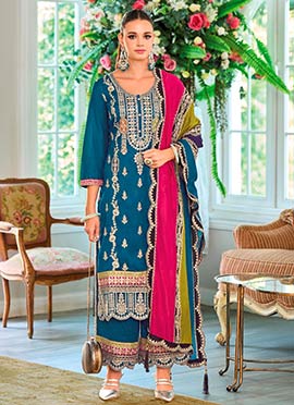 Gorgeous Aqua Blue Chinon Zari Embroidered With Stone Sequins Pakistani Palazzo Suit