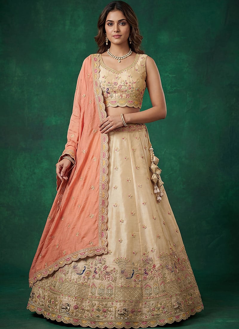 Gorgeous Beige Tissue Embroidered Umbrella Lehenga Wedding Wear