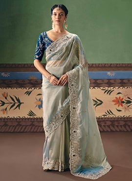 Gorgeous Blue Art Silk Embroidered Sequins Stones Beads Saree