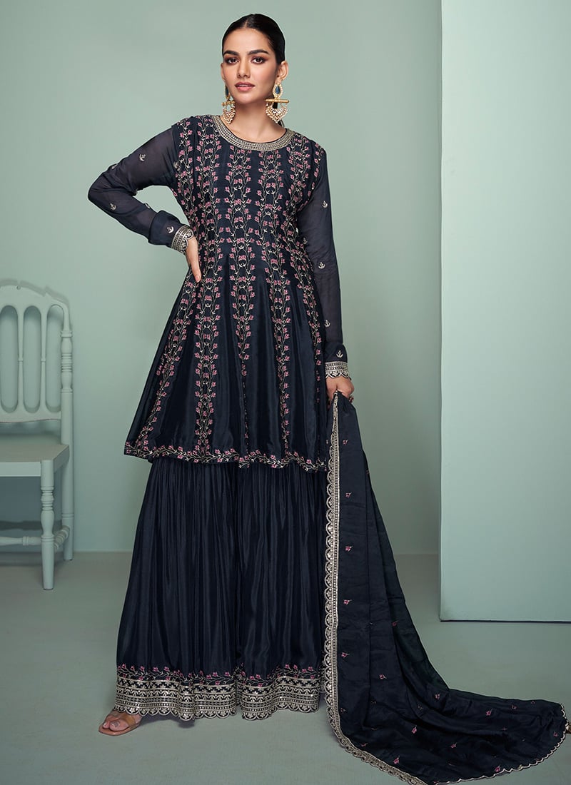 Gorgeous Blue Chinon Embroidered Sequins A Line Sharara Suit Festive Wear