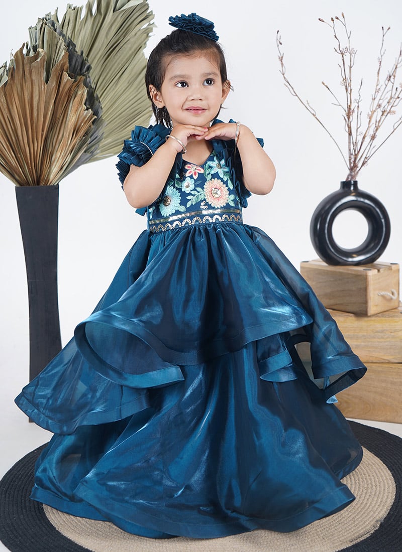 Gorgeous Blue Georgette Embroidered Sequins Ruffle Kids Girls Long Gown Party Wear