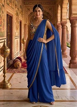 Gorgeous Blue Georgette Sequins Hand Embroidered Palazzo Style Saree