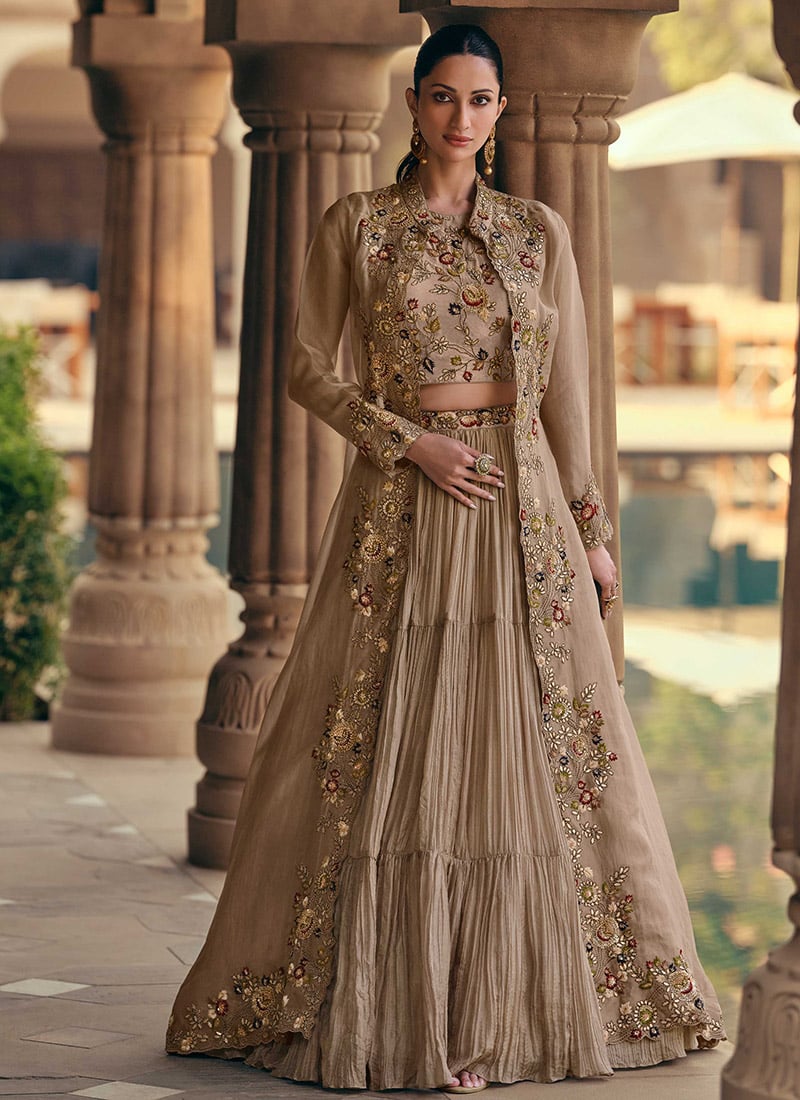 Gorgeous Fawn Chinon Silk Embroidered Sequins Indowestern Set Wedding Wear