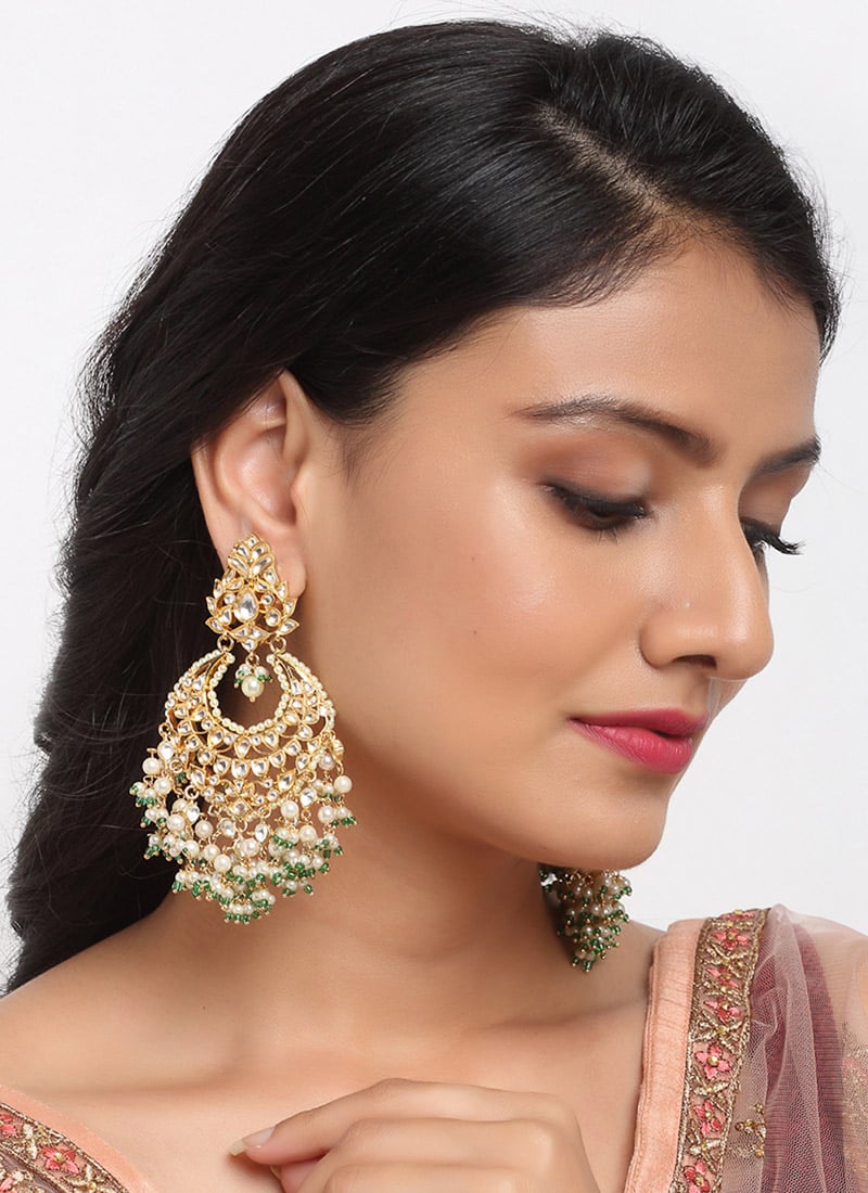 Gorgeous Gold Plated Kundan Orange Pearl And White Stone Chaand Bali Party Wear