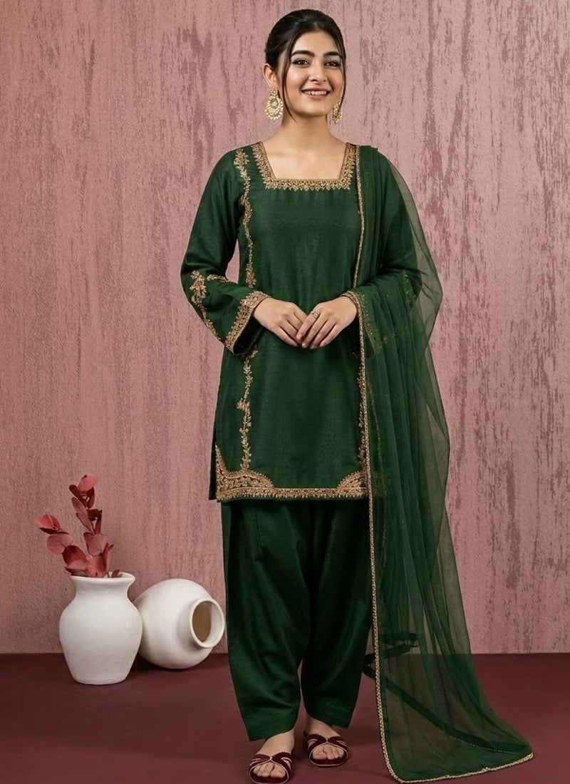 Gorgeous Green Art Silk Zari Sequins Salwar Suit After Six Wear