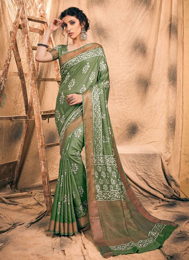 Gorgeous Green Chanderi Silk Batik Print Saree After Six Wear