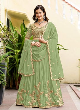 Gorgeous Green Rangoli Silk Embroidered Sequins Umbrella Lehenga